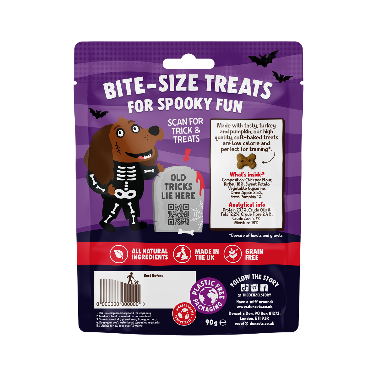 Denzel's Halloween Spooky Bones Duck and Pumpkin Dog Treats 100g
