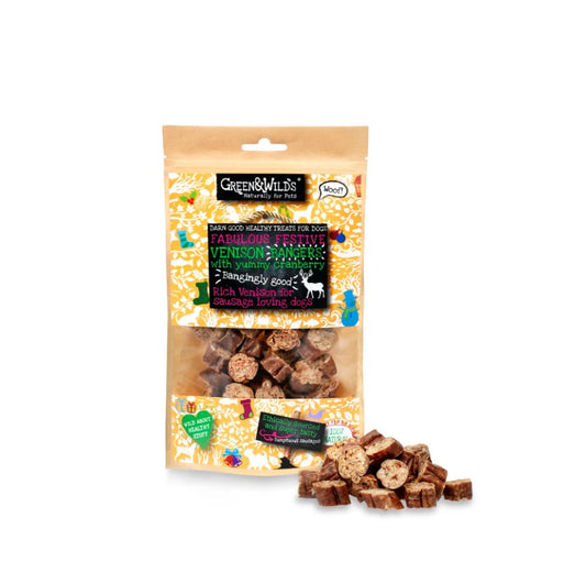Green & Wild's Christmas Vension & Cranberry Christmas Bangers for Dogs 75g