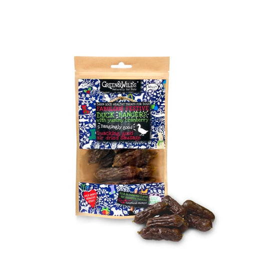 Green & Wild's Christmas Duck & Cranberry Christmas Bangers for Dogs 75g