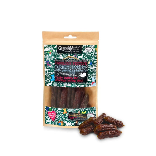 Green & Wild's Christmas Turkey & Cranberry Christmas Bangers for Dogs 75g