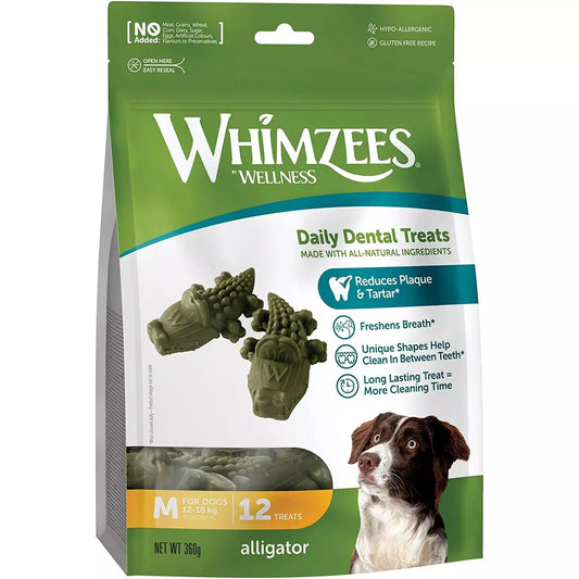 Whimzees Natural Dental Alligator Dog Chew Medium 12 Pack Bag