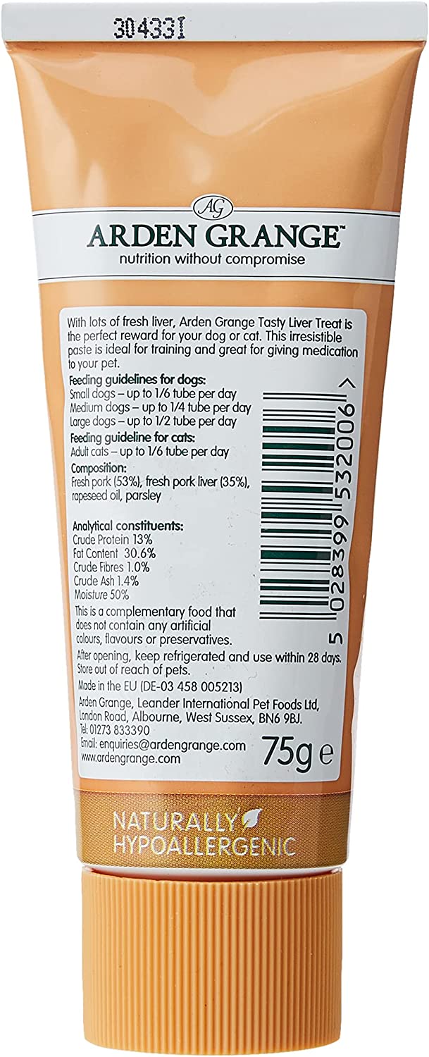 The information on the back of a 75g tube of Arden Grange Tasty Liver Treat Paste