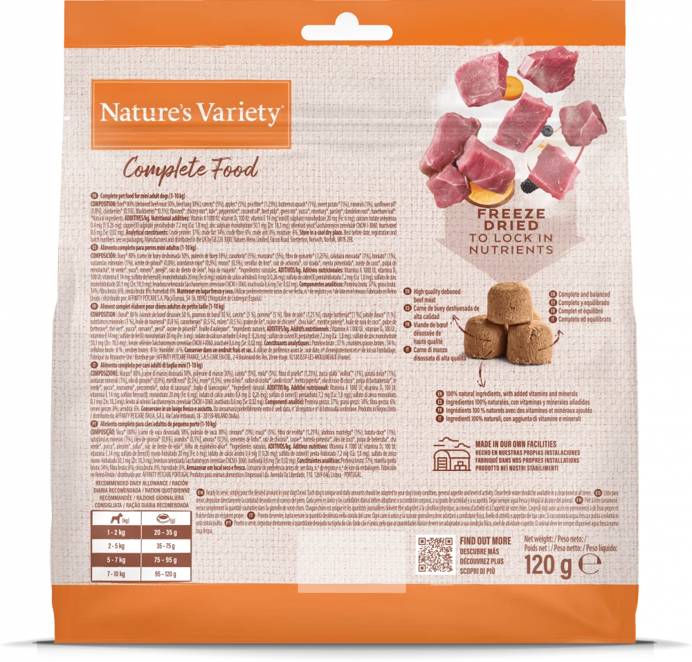 Natures Variety Complete Freeze Dried Food Back of Bag Beef 120g Ingredients List