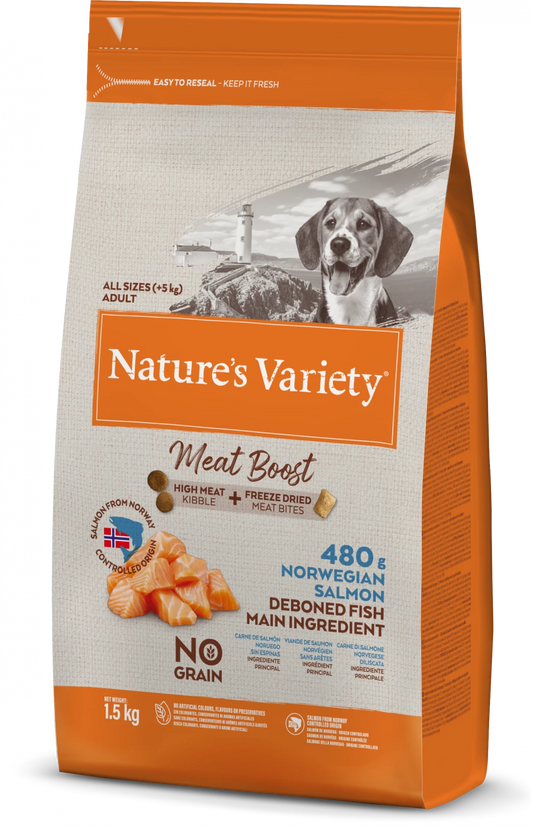 Natures Variety Meat Boost Freeze Dried Dog Food and Kibble Norwegian Salmon 1.5kg Bag Shot