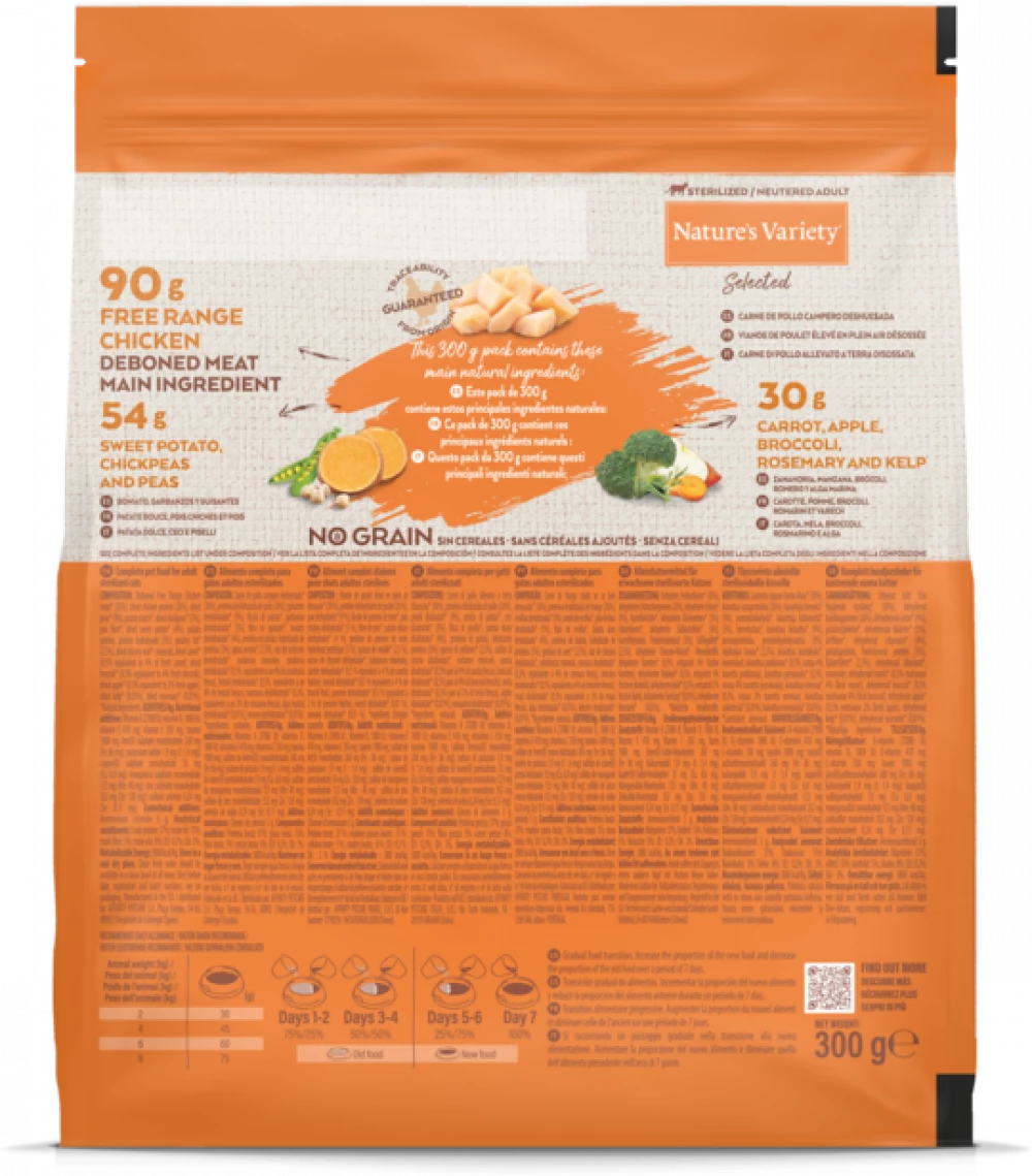 Natures Variety Selected Dry Cat Food for Adult Cats 300g Back of Pack Image with Ingredients List