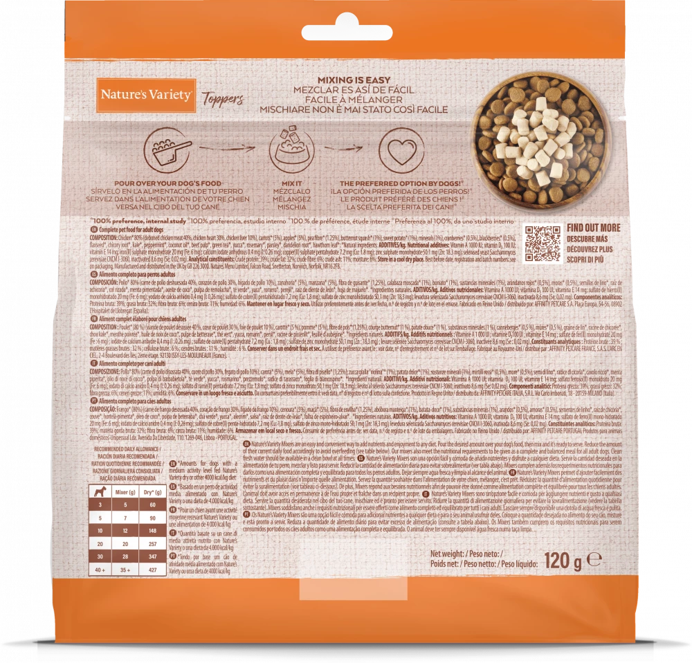 Natures Variety Toppers RAW Freeze Dried Dog Treats 120g Back of Pack Ingredients List