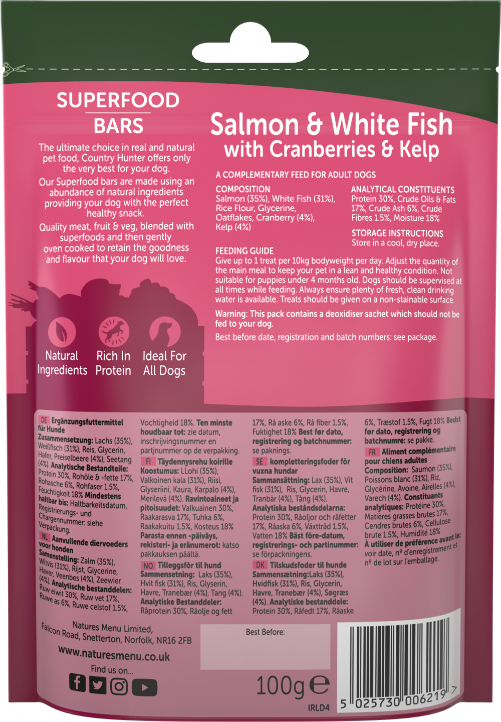 Country Hunter Salmon with White Fish with Cranberries & Kelp Superfood Treat Bars 100g