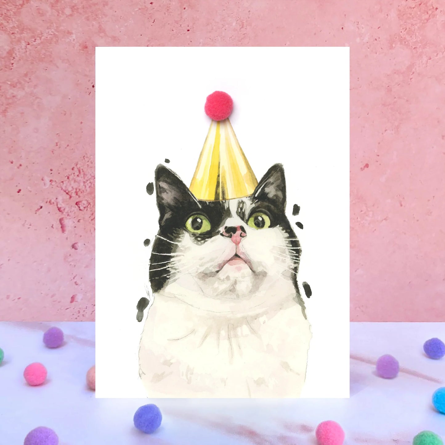 Black and White Cat Pompom Blank Birthday Card