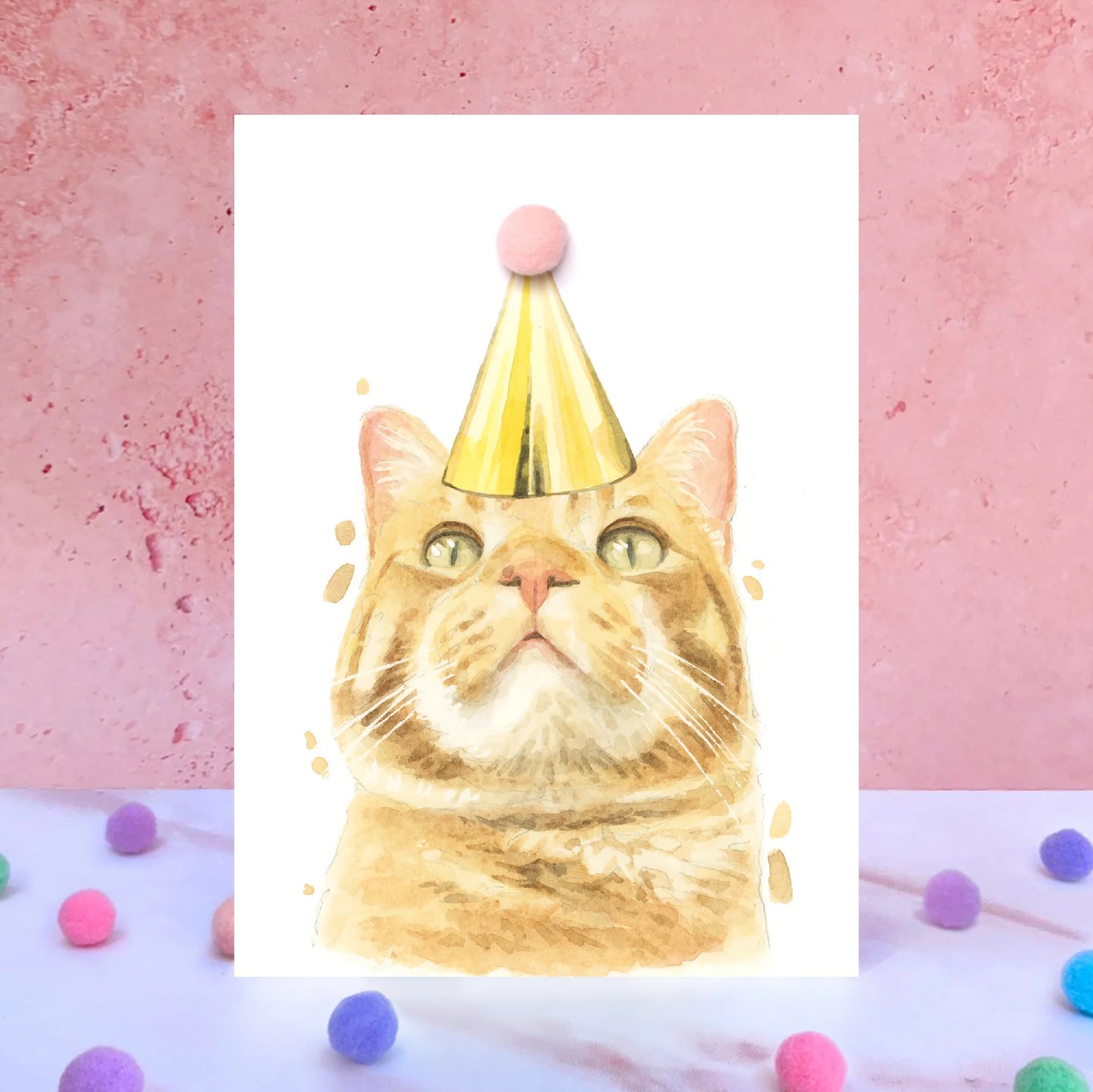 Ginger Tabby Cat Pompom Blank Birthday Card