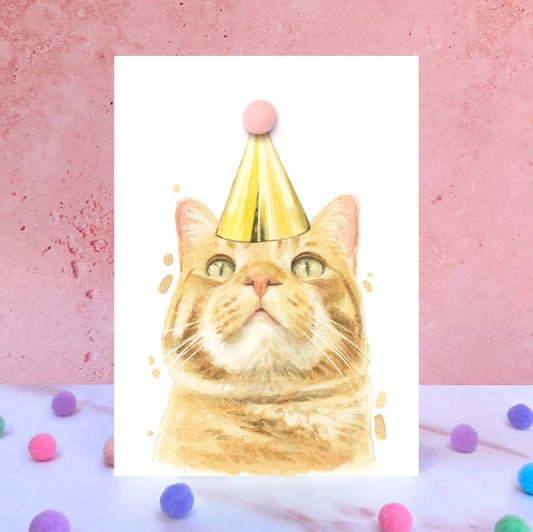 Ginger Tabby Cat Pompom Blank Birthday Card