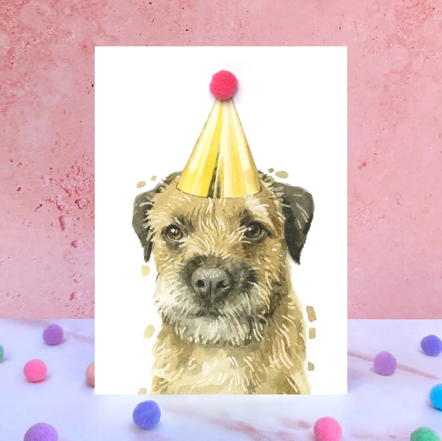 Border Terrier Pompom Blank Birthday Card