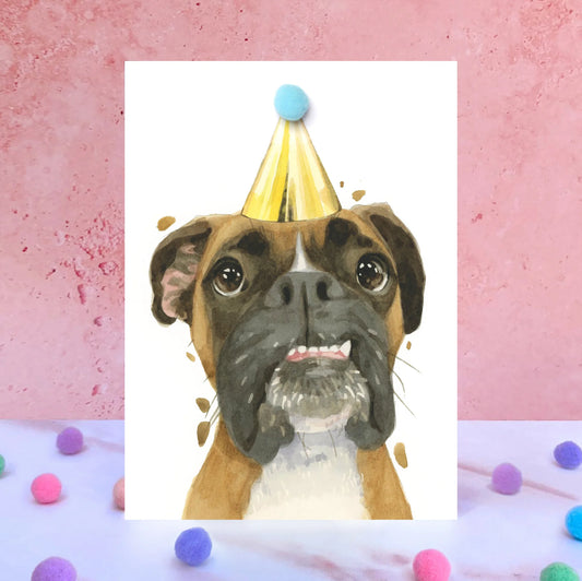 Boxer Dog Pompom Blank Birthday Card