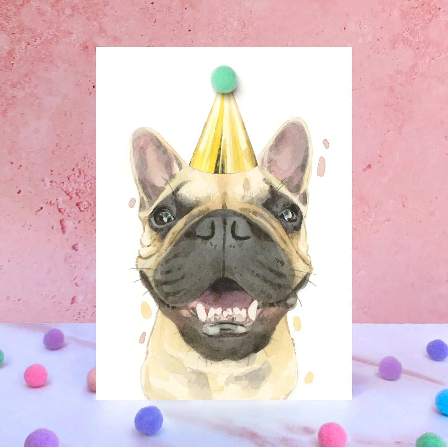 French Bulldog Pompom Blank Birthday Card