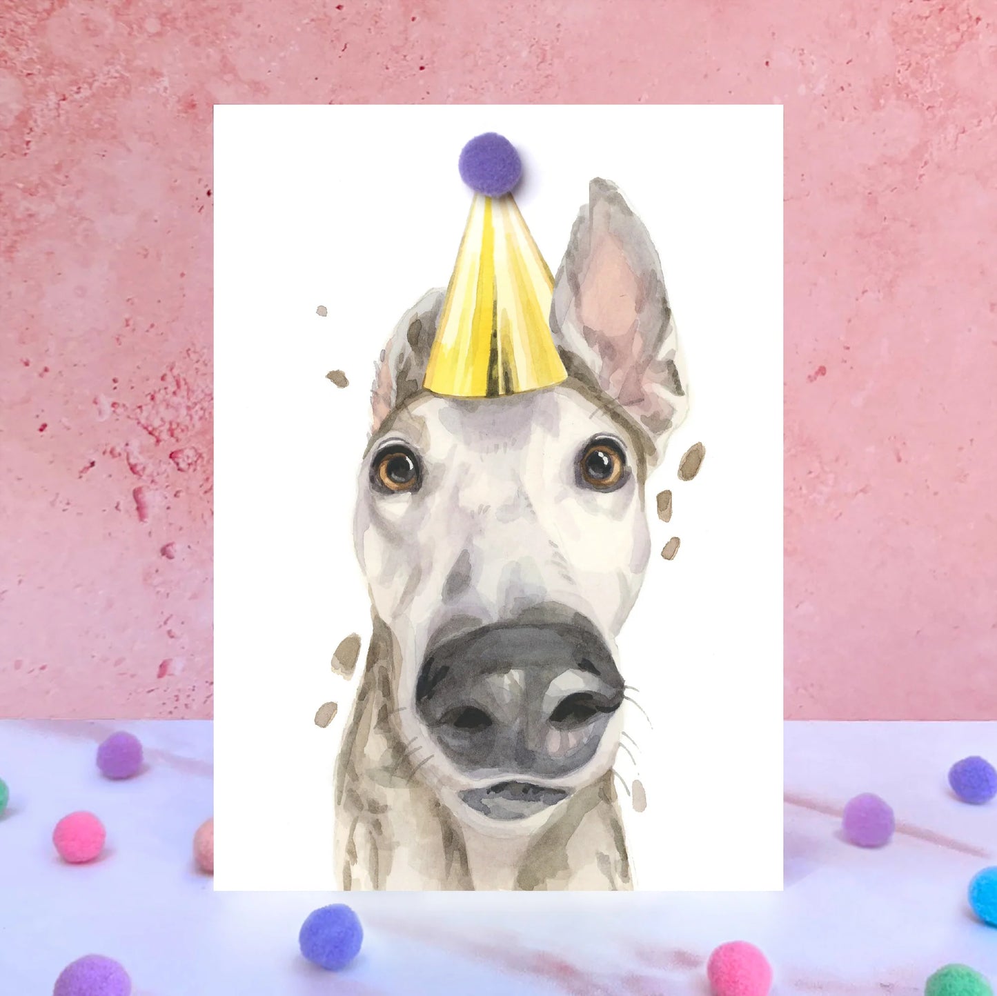 Greyhound Pompom Blank Birthday Card