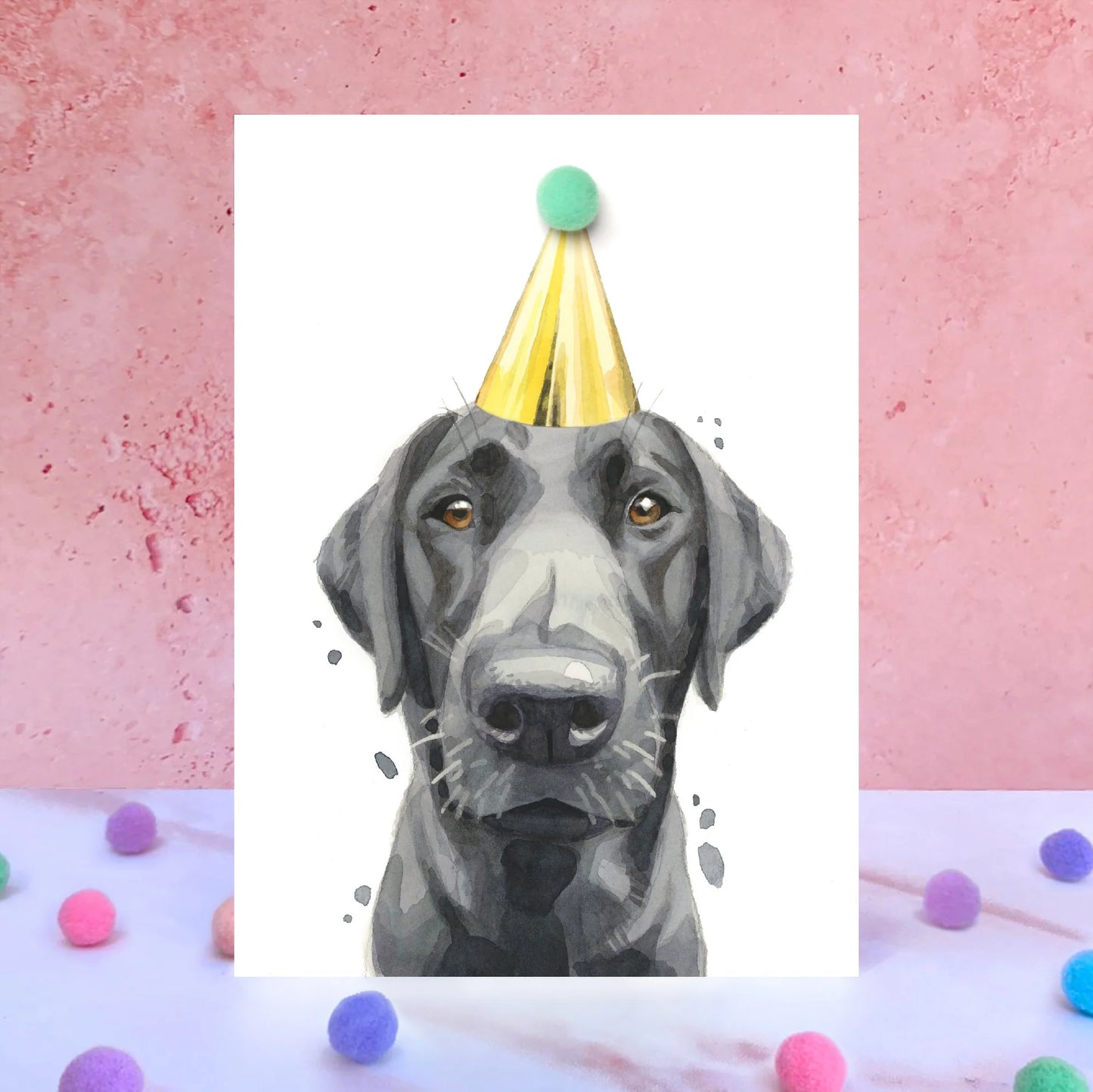 Black Labrador Pompom Blank Birthday Card
