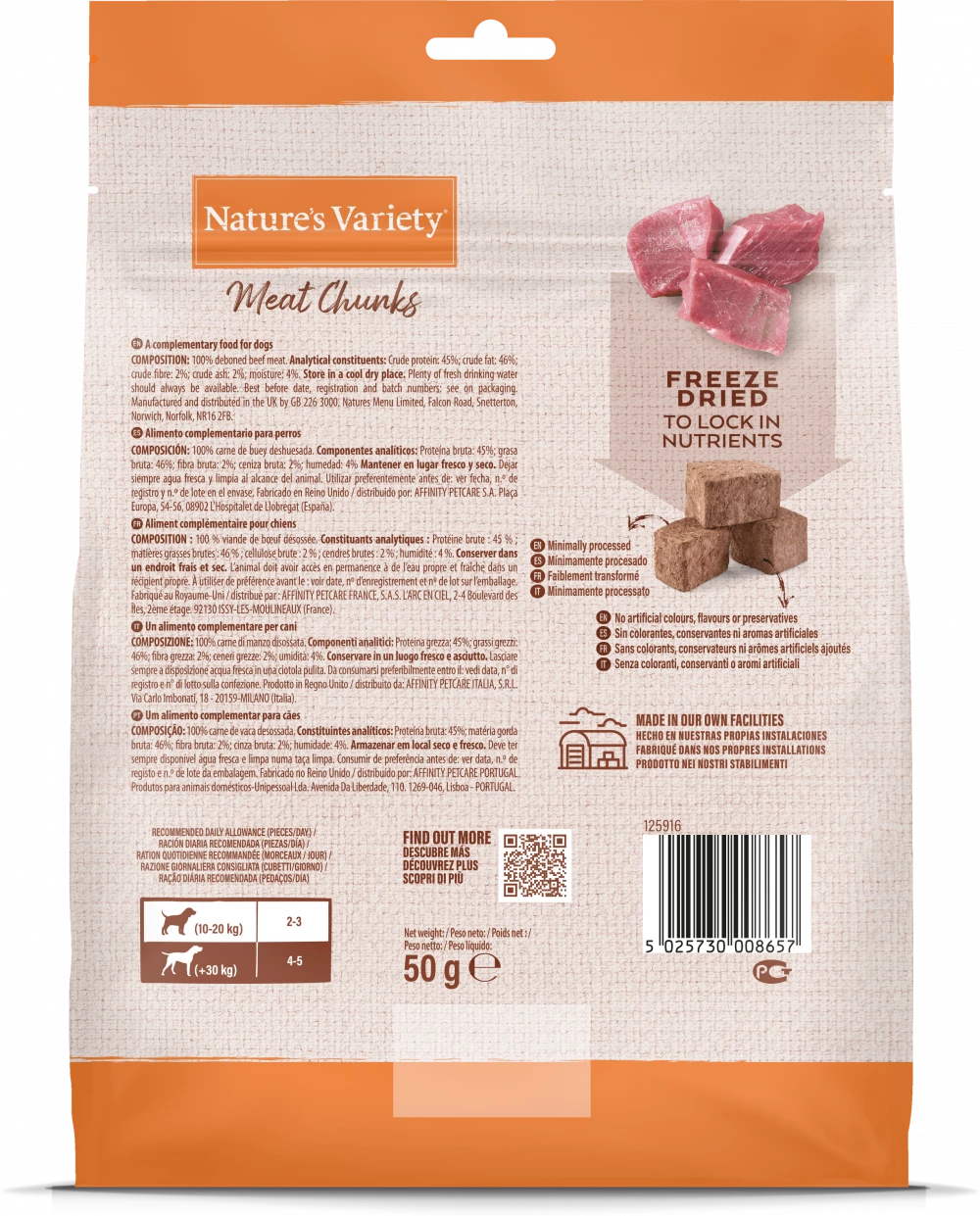 Natures Variety Freeze Dried Meat Chunks 50g Dog Treats Back of Bag Beef Ingredients List