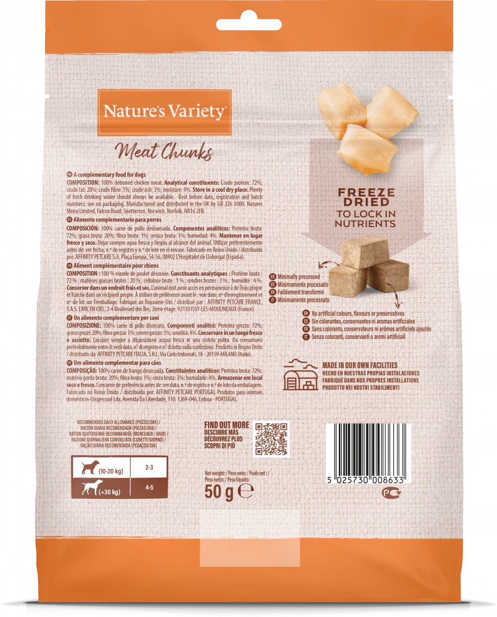 Natures Variety Freeze Dried Meat Chunks 50g Dog Treats Back of Bag Chicken Ingredients List