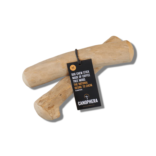A medium size coffee wood natural dog chew with label